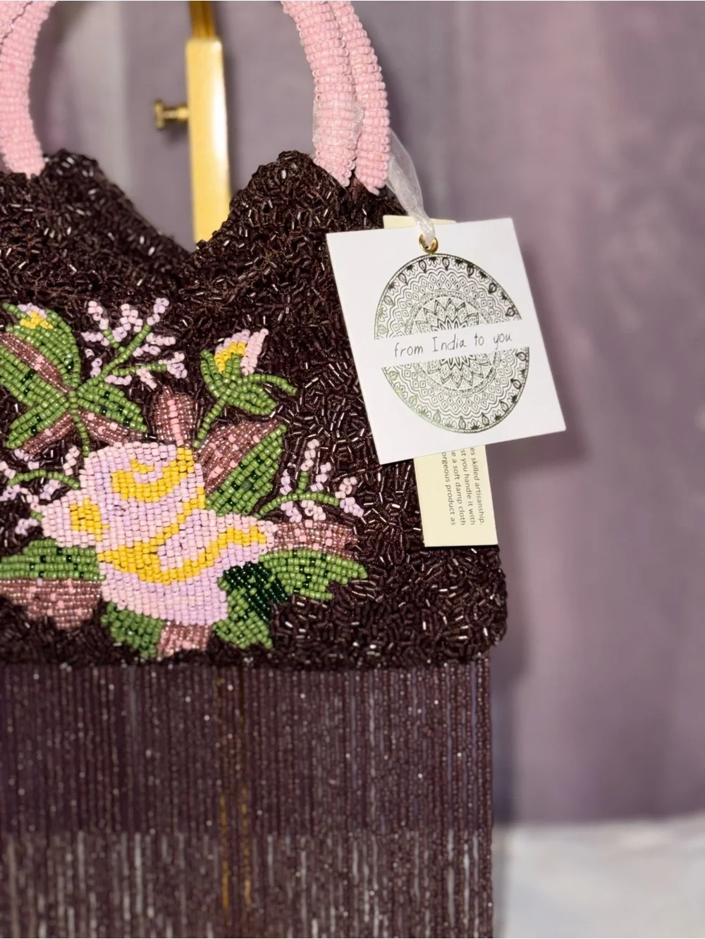 NWT “From India to You” Hand Beaded Floral Fringe Evening Bag